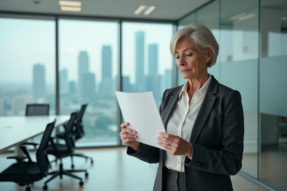 Femme cadre relisant sa lettre de départ à la retraite devant une fenêtre de bureau