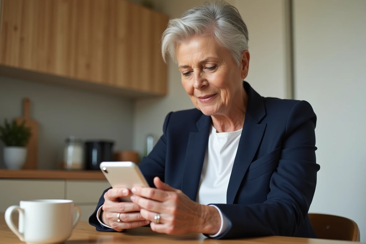 Femme d'une cinquantaine d'années consultant son compte Agirc Arrco via France Connect sur un smartphone depuis sa cuisine