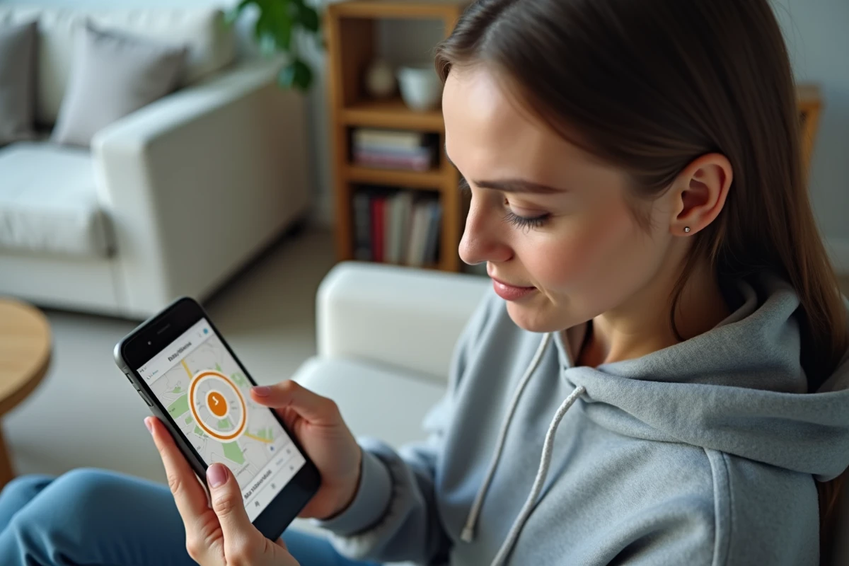 Femme configurant une zone de sécurité géofencing sur smartphone pour surveiller un proche via traceur GPS