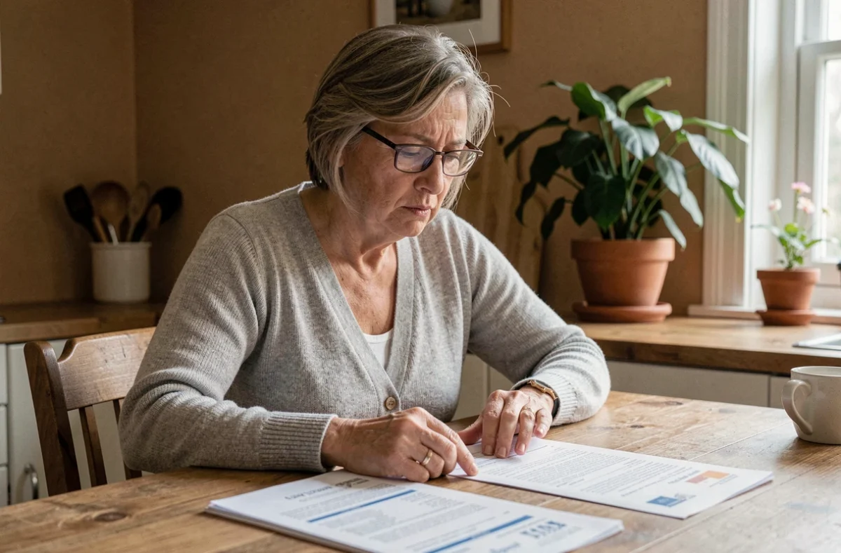 Femme consultant les documents du projet de loi de finances AAH 2026 à sa table de cuisine