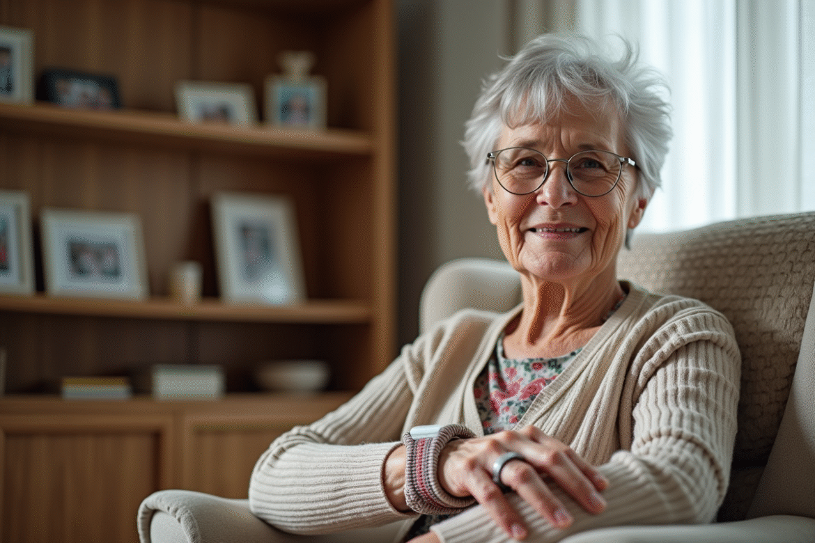 Femme âgée appuyant sur un bouton d'urgence discret