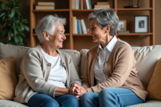 Femme âgée avec sa fille dans un salon chaleureux