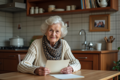 Femme âgée lisant une lettre dans sa cuisine chaleureuse