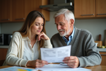 Femme moyenne age et son père âgé discutant de factures