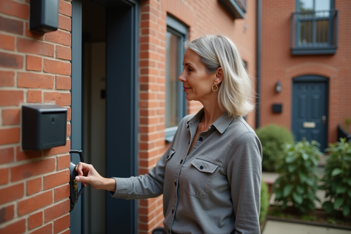 Femme tenant la clé de sa nouvelle maison urbaine avec espoir