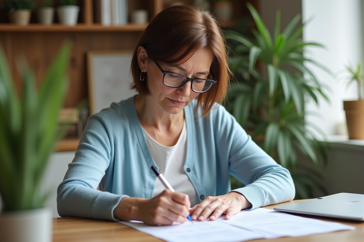 Femme d'âge moyen remplissant un dossier APA à la maison