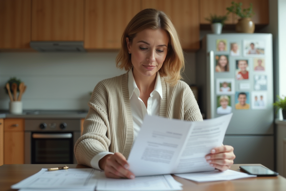 Femme d'une quarantaine d'années gérant ses finances à la maison