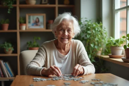 Femme âgée jouant au puzzle dans un salon lumineux