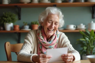 Femme souriante avec foulard floral lisant une carte d anniversaire