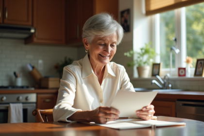 Femme de 65 ans lisant une invitation de mariage dans sa cuisine