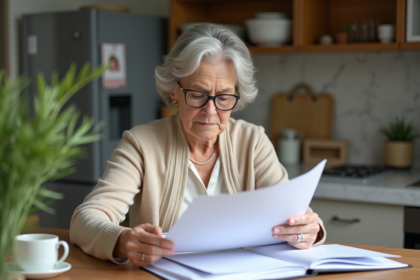 Femme d'âge moyen lisant des documents dans la cuisine