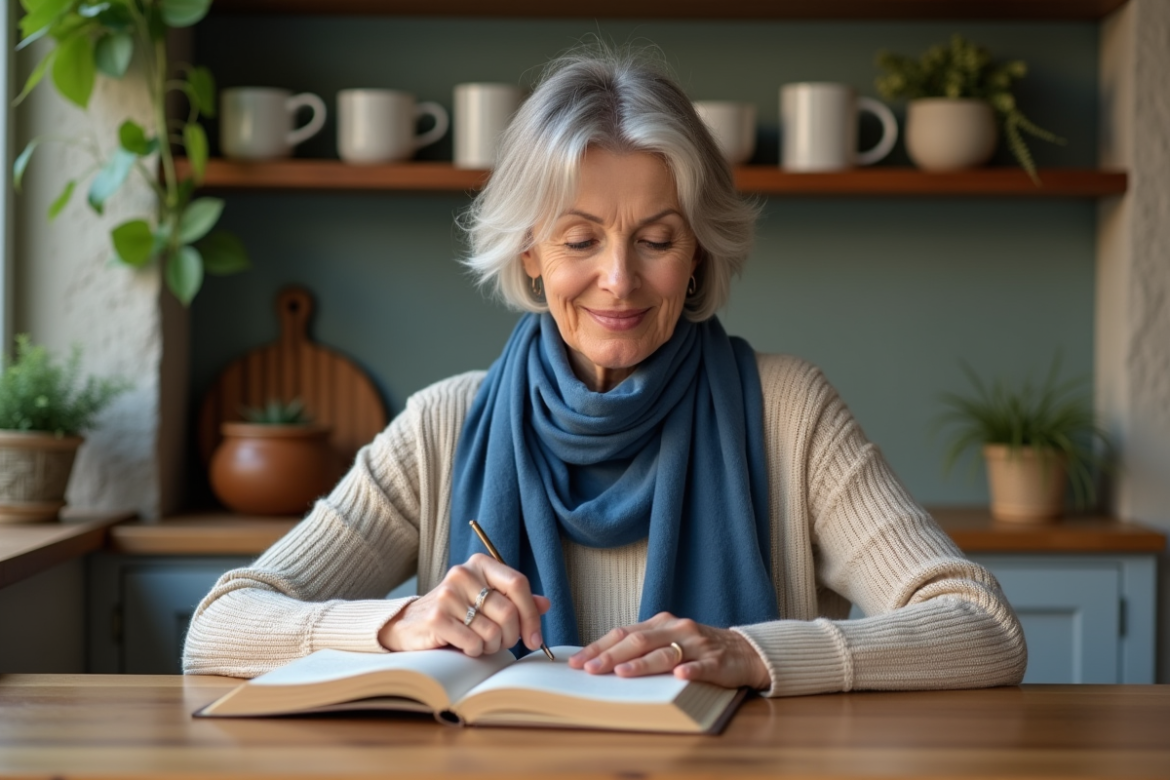 Femme d'âge moyen lisant un livre dans une cuisine chaleureuse