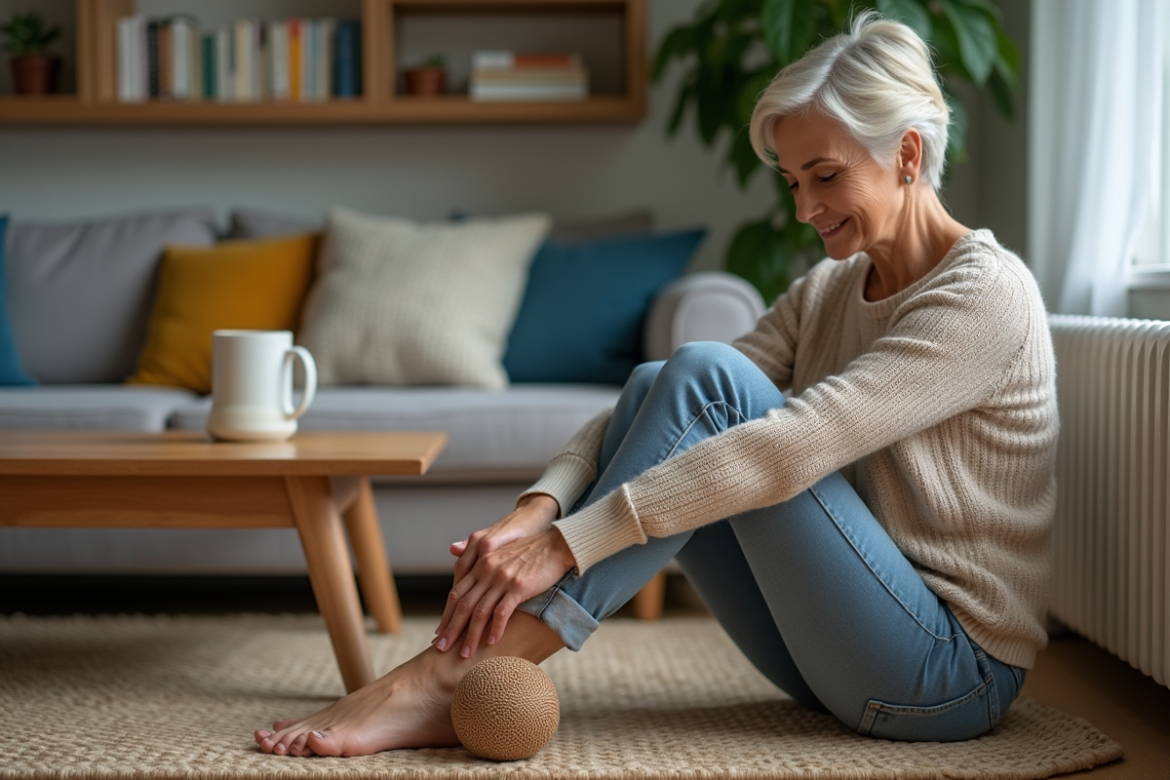 Femme assise sur un tapis se massant le pied avec une balle