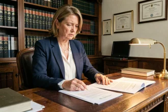 Femme consultant des documents juridiques chez un notaire pour une succession immobilière