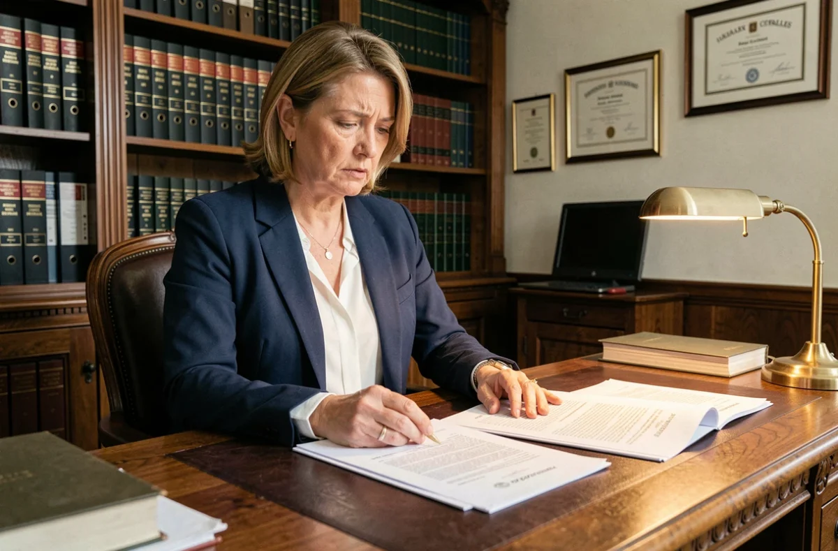 Femme consultant des documents juridiques chez un notaire pour une succession immobilière
