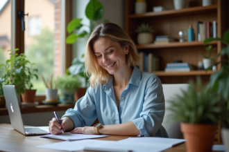 Femme concentrée organisant des papiers dans son bureau à domicile
