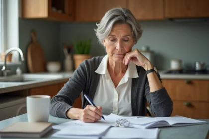 Femme d'âge moyen réfléchissant à un document dans la cuisine
