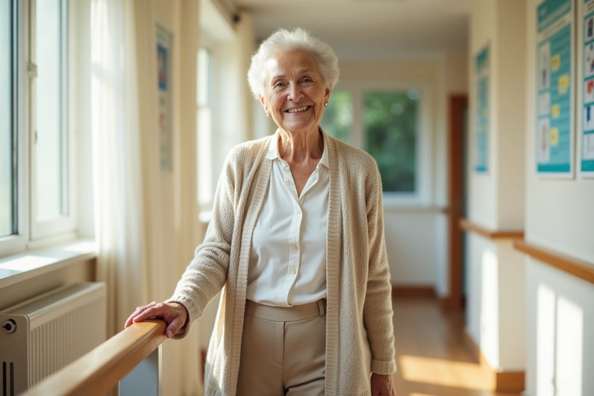 Femme âgée en rééducation dans un centre de soins intérieur