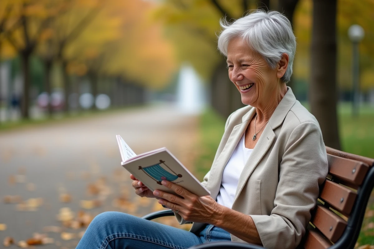 Femme à la retraite anticipée souriant en lisant des cartes humoristiques de départ dans un parc en automne