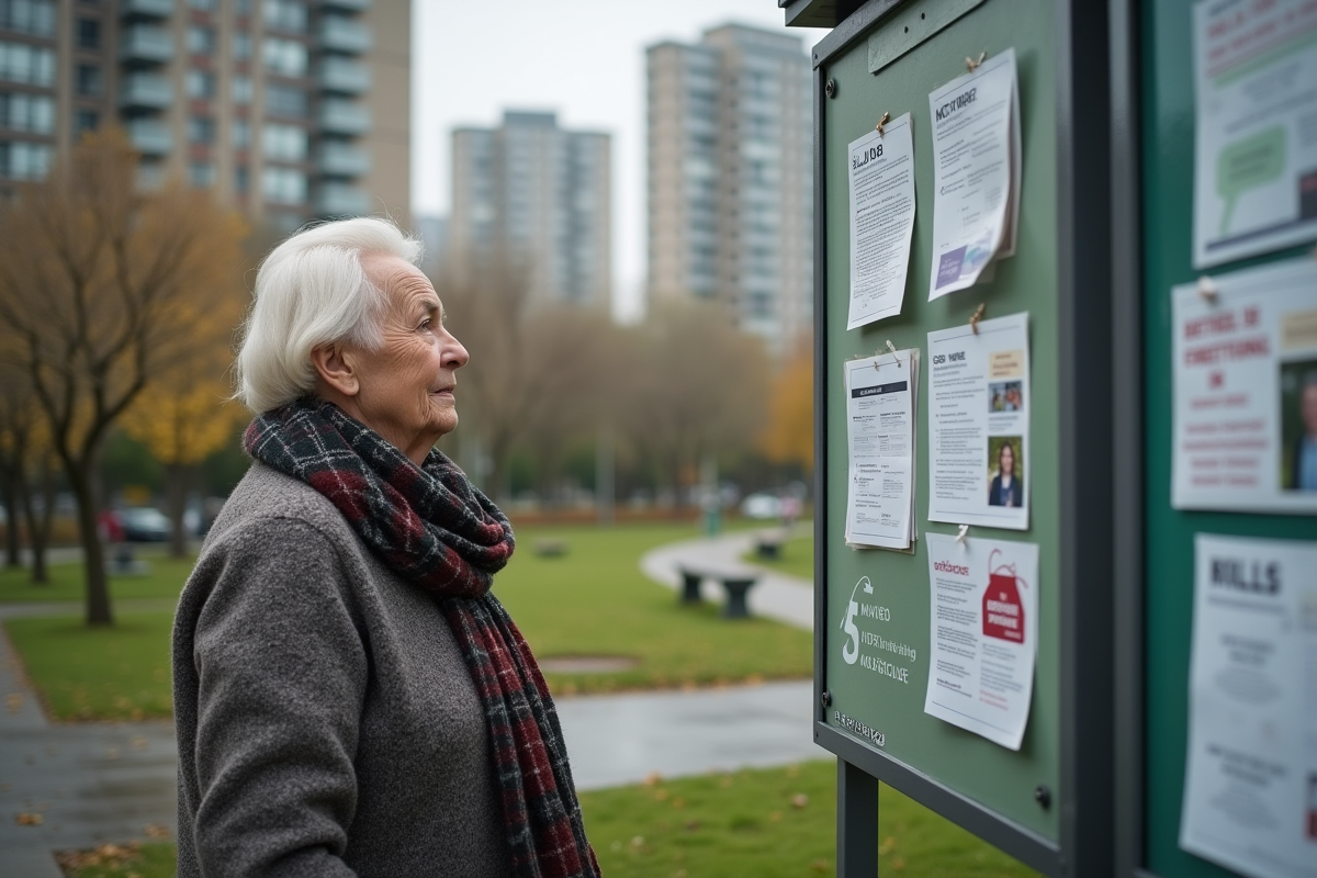 Femme retraitée regardant une affiche dans un parc urbain