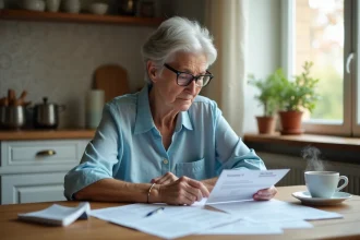 Femme retraitée lisant son relevé de retraite scolinfo à la table de sa cuisine