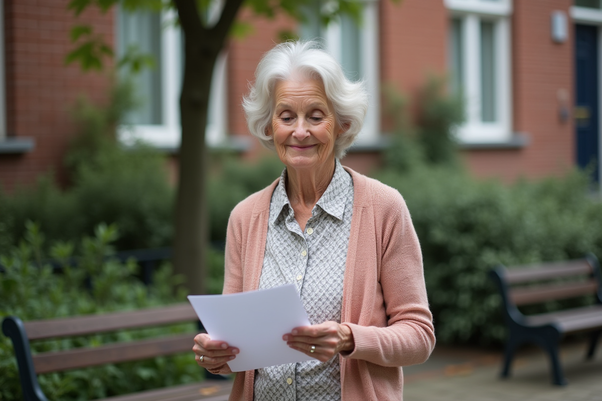 Femme retraitée lisant une lettre dans un parc urbain