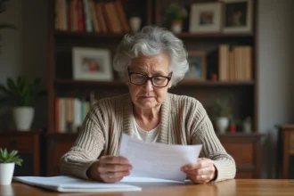 Femme retraitée lisant une déclaration de pension dans son salon