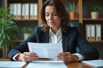 Femme en bureau relisant une lettre de retraite