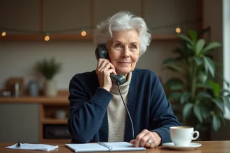 Femme senior téléphonant à la CNAV depuis son domicile pour renseignements retraite