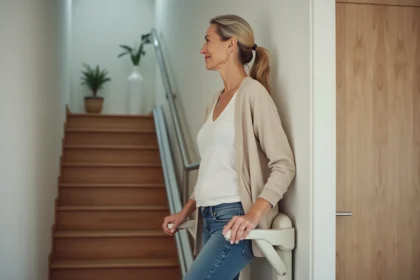 Femme senior dans un ascenseur moderne dans un appartement