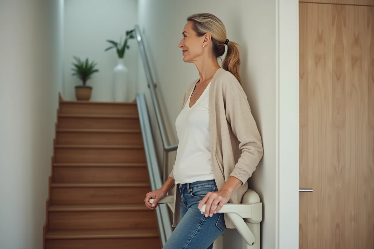 Femme senior dans un ascenseur moderne dans un appartement