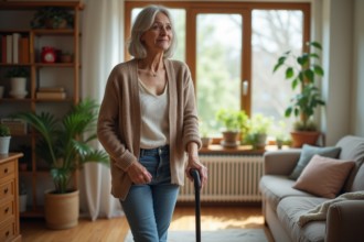 Femme senior avec canne dans un salon lumineux