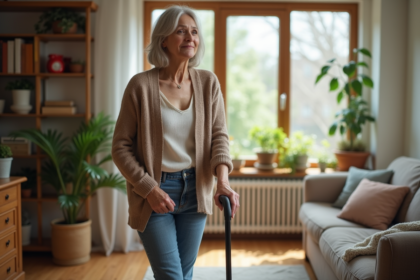 Femme senior avec canne dans un salon lumineux