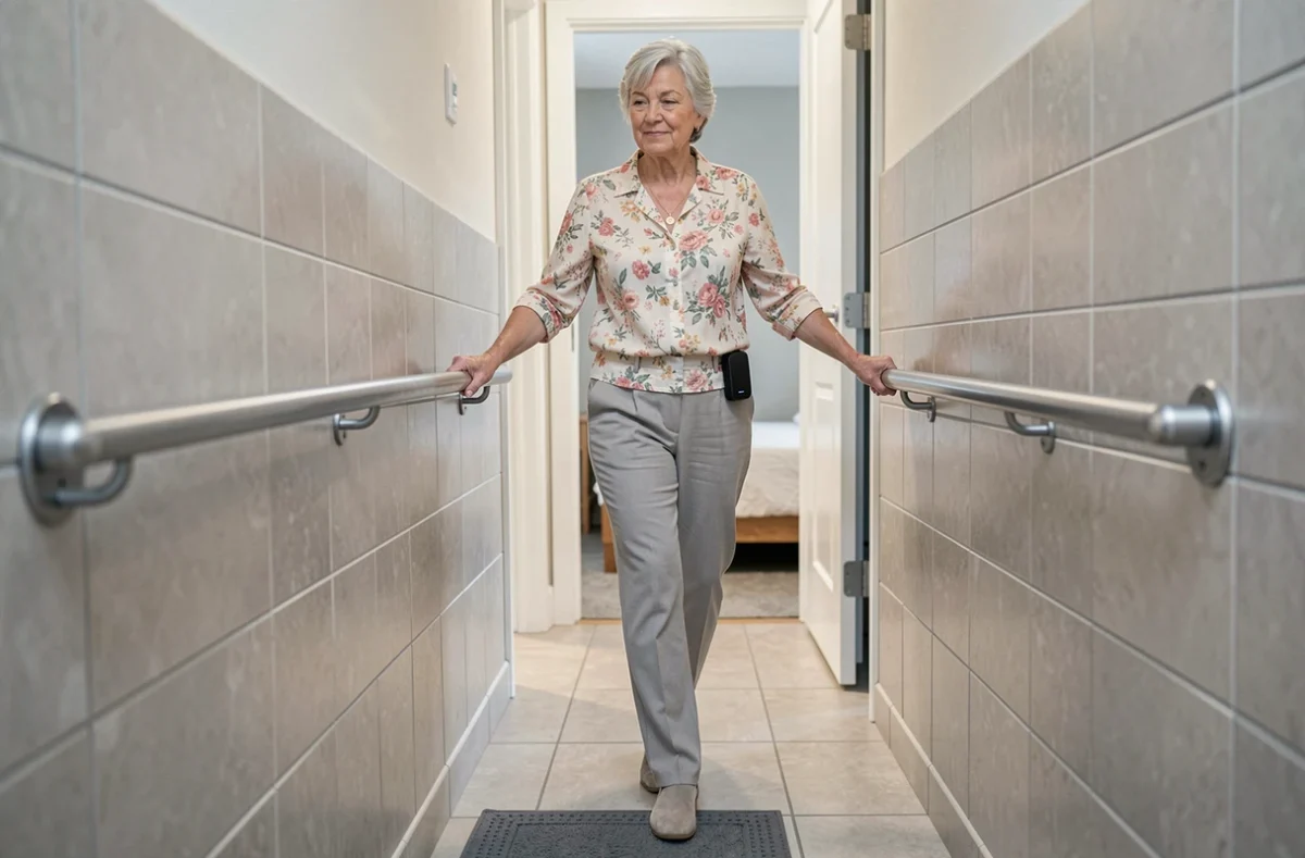 Femme senior autonome dans un couloir de salle de bain équipée d'un détecteur de chute sans abonnement