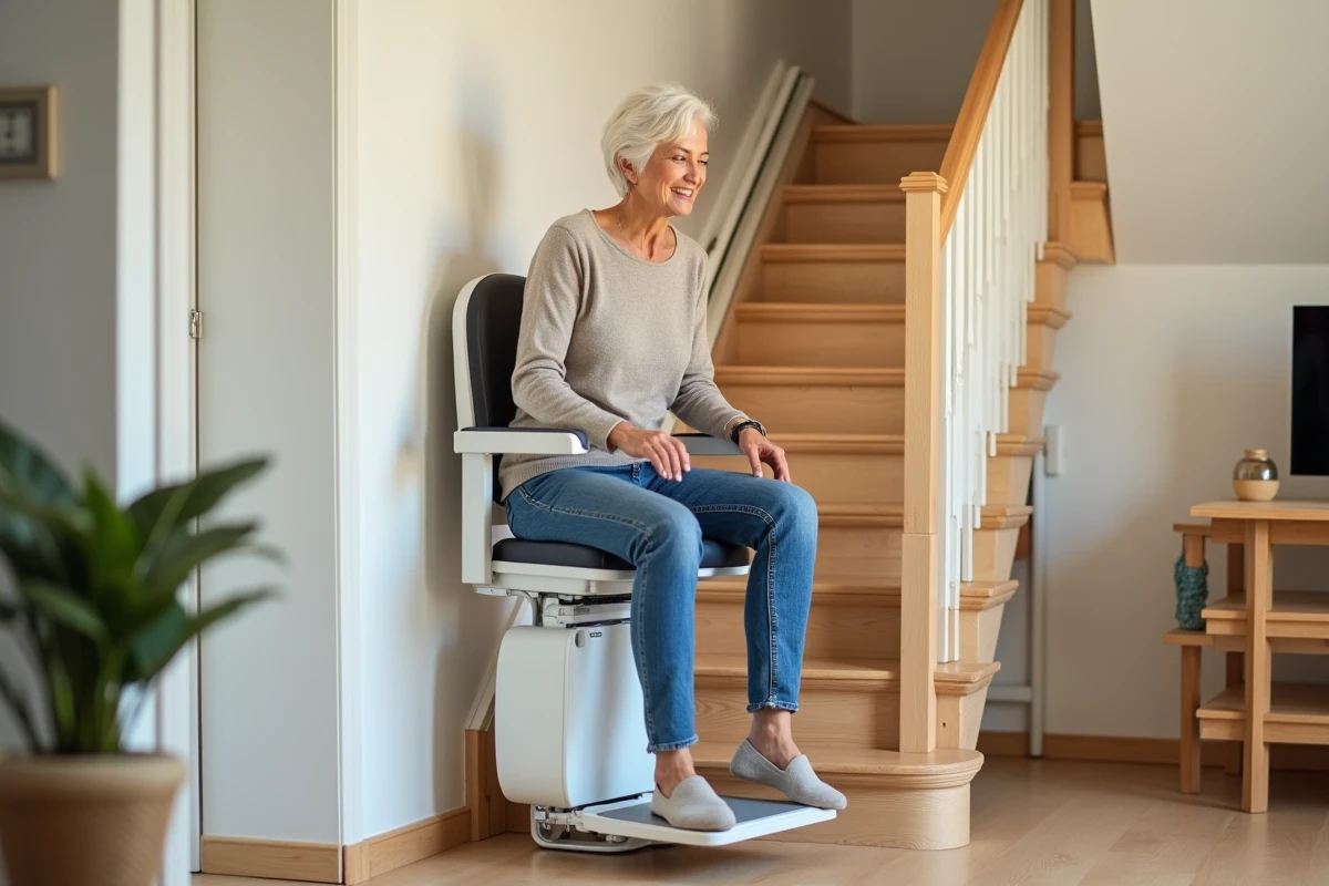 Femme senior assise sur un monte-escalier moderne dans une maison lumineuse