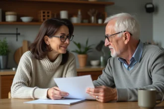 Femme senior discutant d'un guide pratique avec un homme à la cuisine