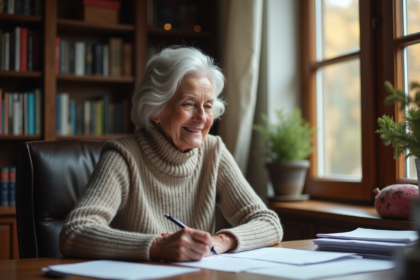 Femme âgée souriante dans un bureau chaleureux