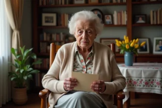 Femme âgée tenant une carte de sympathie dans un salon chaleureux