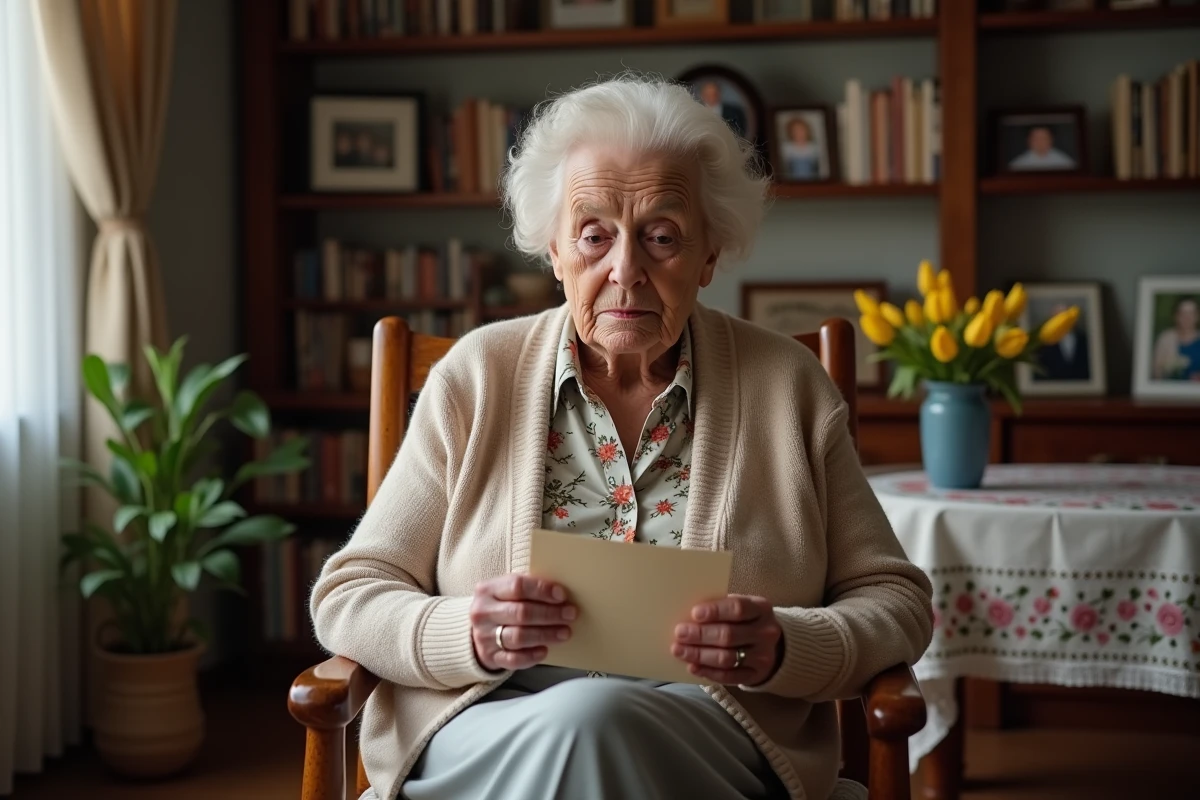Femme âgée tenant une carte de sympathie dans un salon chaleureux