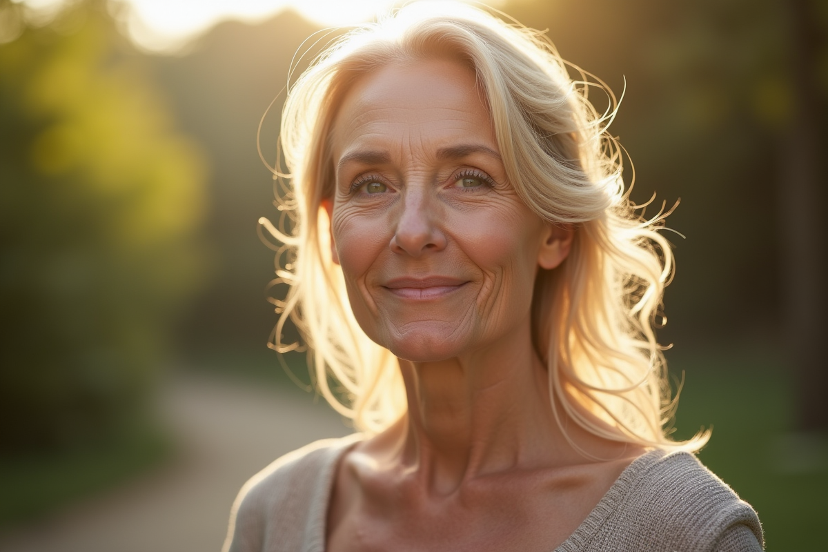 Femme senior élégante en extérieur au matin avec lumière douce