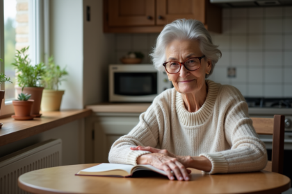 Femme âgée lisant un livre dans une cuisine chaleureuse