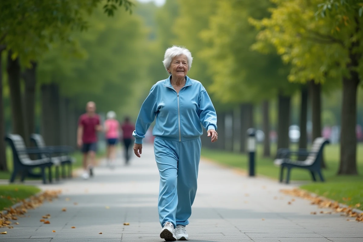 Femme âgée marche dans un parc calme et verdoyant