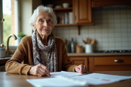 Femme senior assise à la cuisine avec papiers et stylo