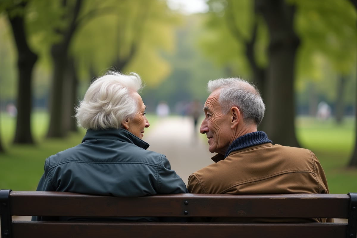 Femme senior et son fils discutant sur un banc dans un parc