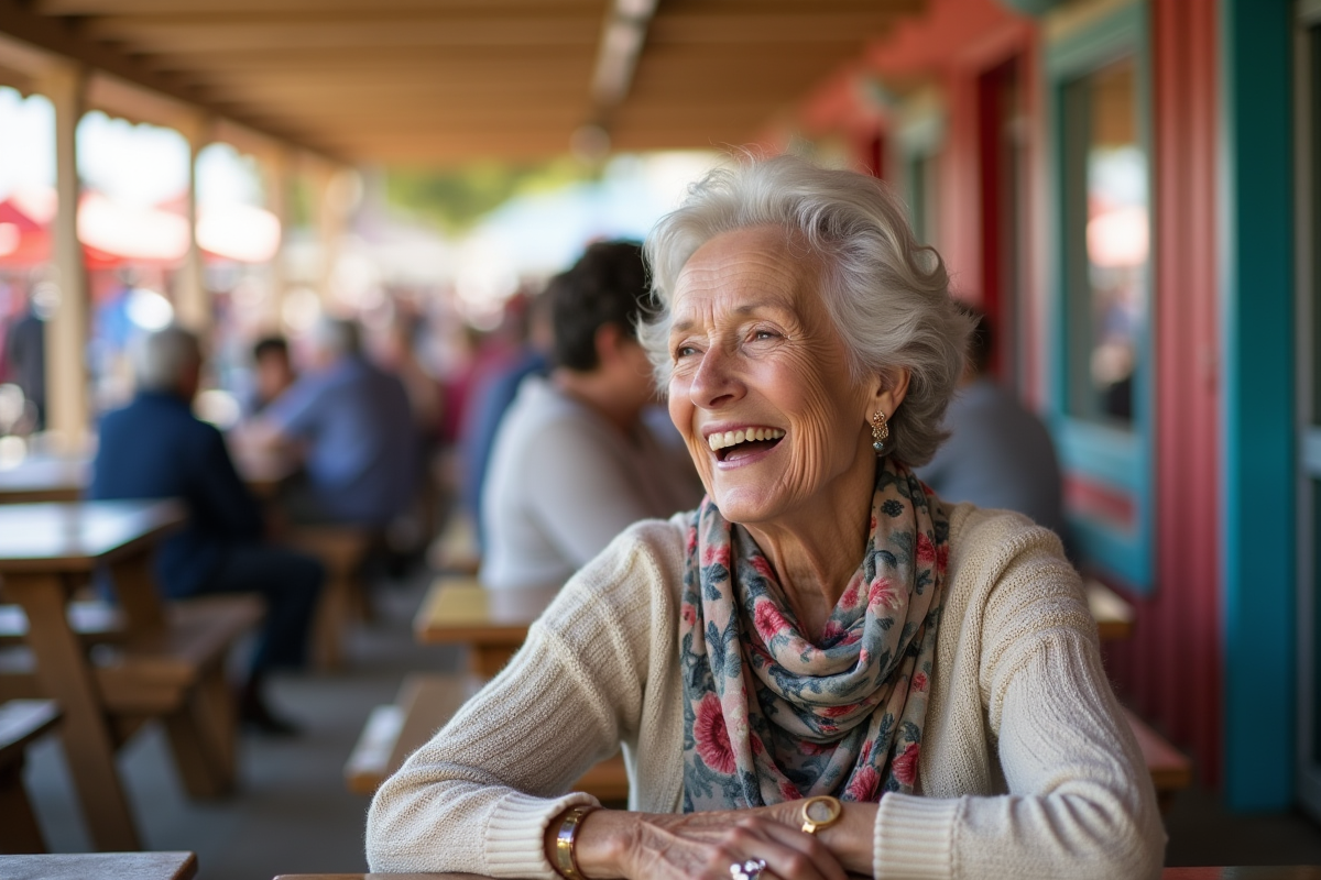 Femme senior riant assise à une table de pique-nique