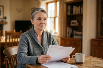 Femme senior relisant ses documents de prévoyance obsèques à domicile