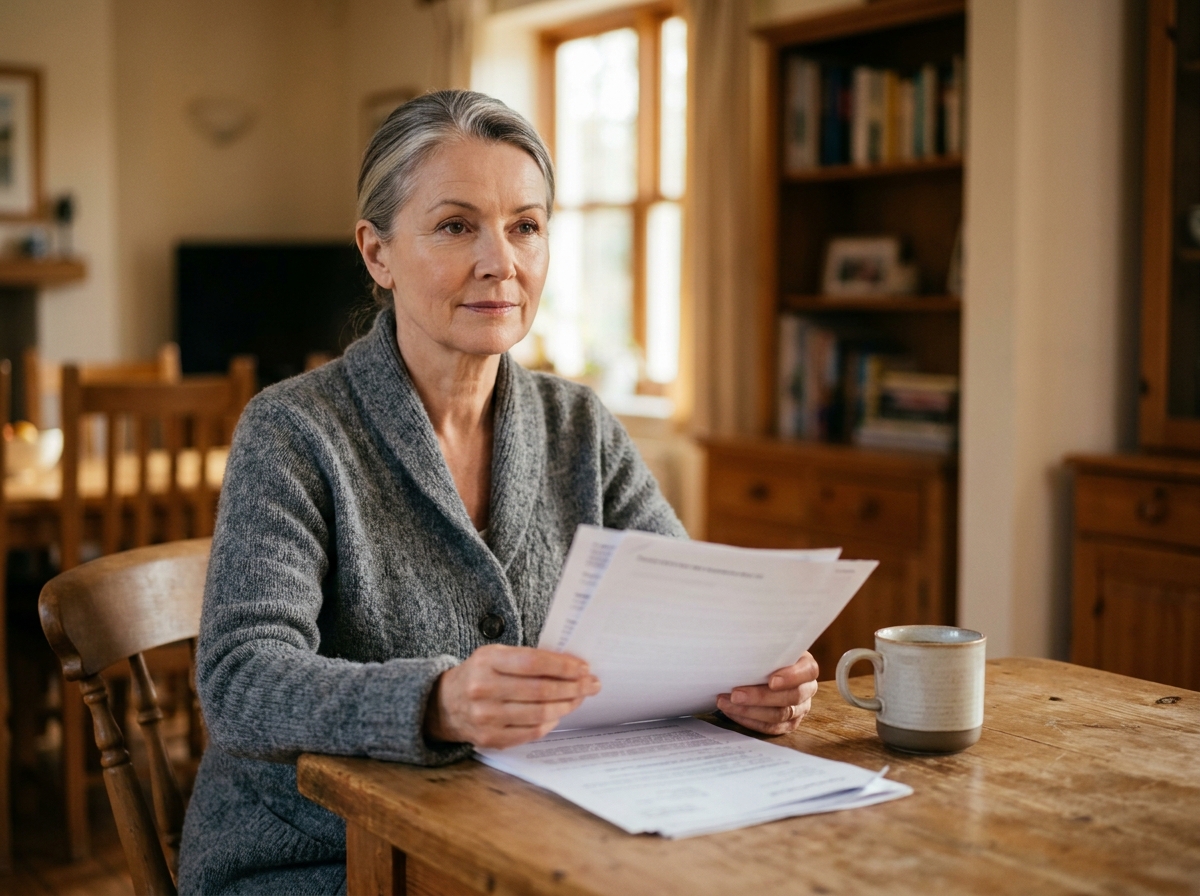 Femme senior relisant ses documents de prévoyance obsèques à domicile