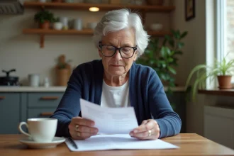 Femme senior de 70 ans consultant les documents de renouvellement de son permis de conduire à domicile