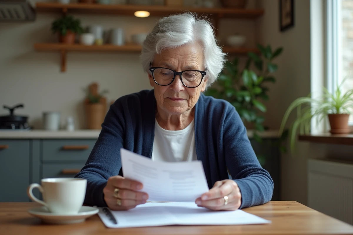 Femme senior de 70 ans consultant les documents de renouvellement de son permis de conduire à domicile
