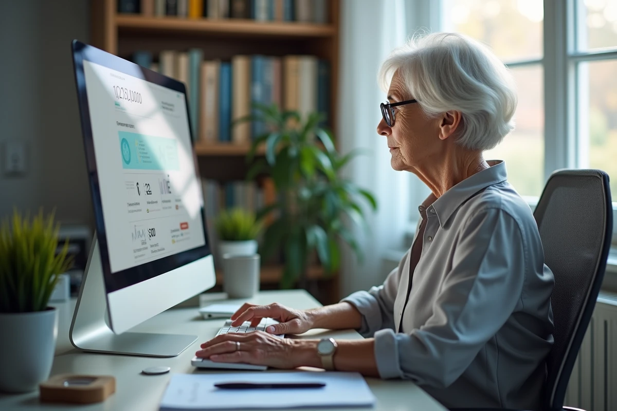 Femme retraitée utilisant un simulateur en ligne pour calculer sa retraite Agirc-Arrco et retraite de base
